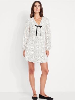 Old Navy Cream Polka Dot Long-Sleeve Mini Dress with Black Bow